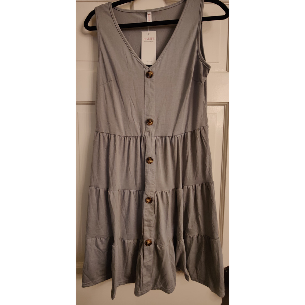 Halife Button Front Dress Sleeveless V Neck Swing Dress Sz M
